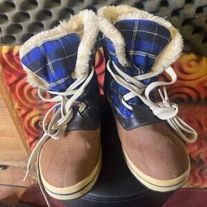 Merona Womens Brown Blue Plaid Faux Fur Boots 11